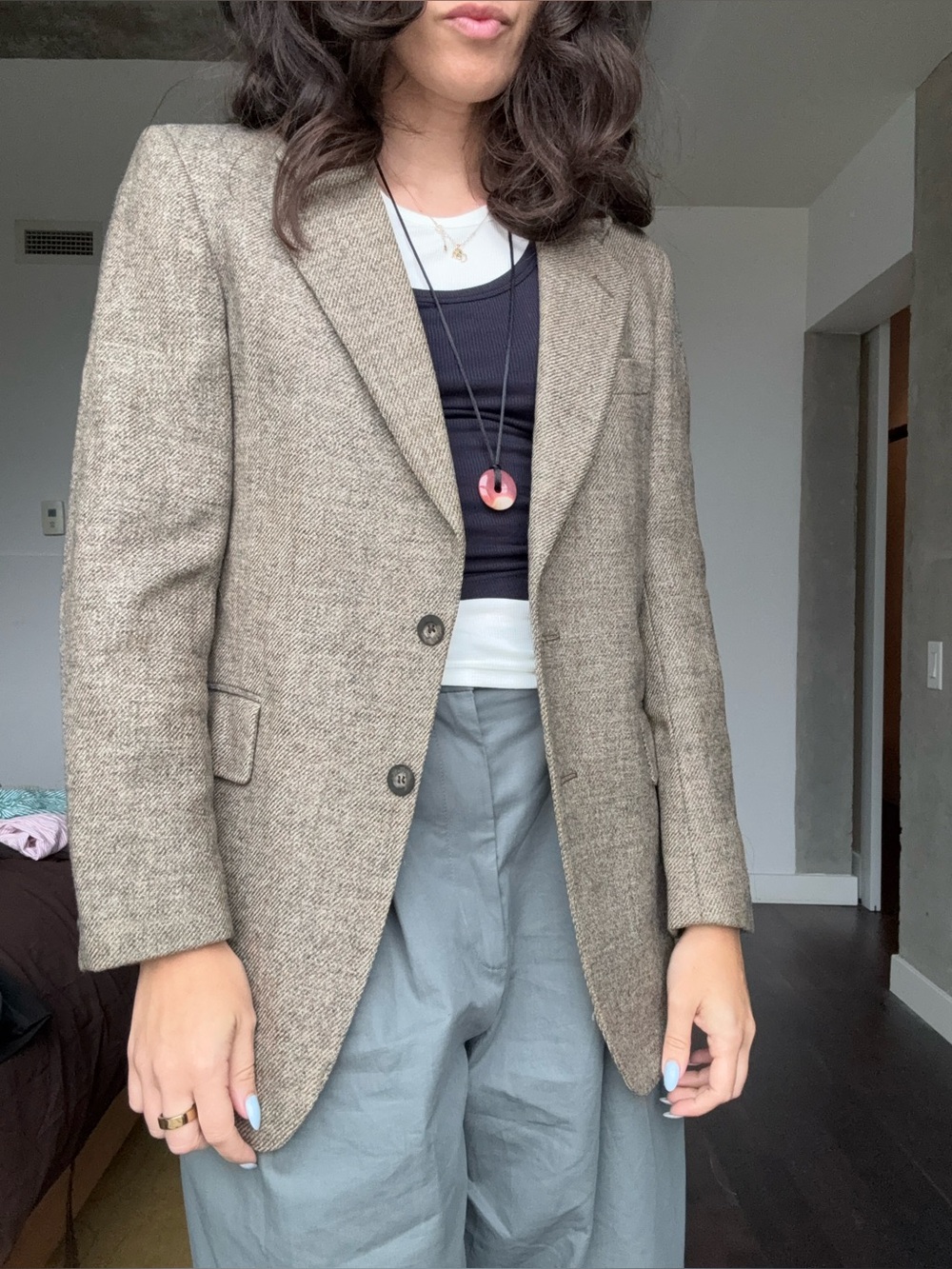 Vintage Tailored Herringbone Blazer - Taupe